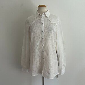 NWT Double D Ranch White Eyelet Pearl Snap Button Hi Low Blouse Women's Size L